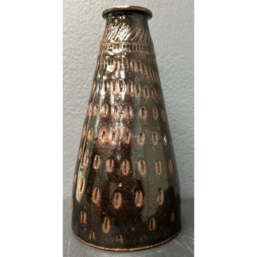 Signed Vintage Handmade Brown Textured 6 Inch Bud Vase Bottle Pottery